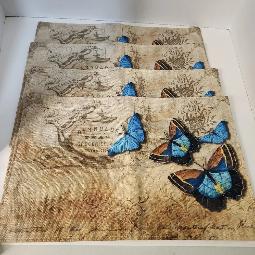 Vintage Style Butterfly Linen Shabby Chic Placemats Set of 4 Rustic Farmhouse